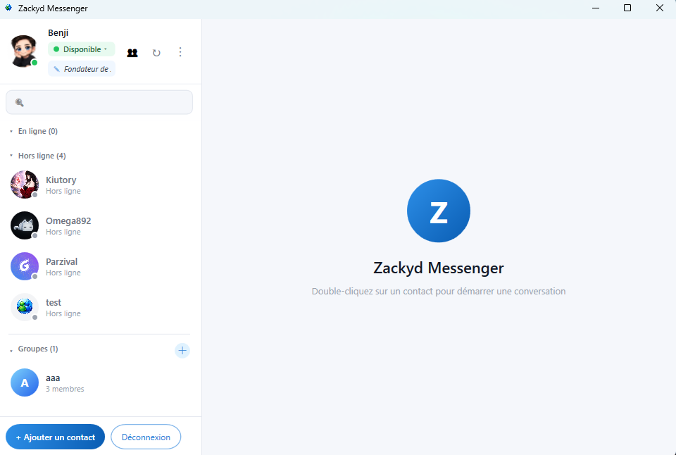 Aperçu de l'interface du client Zackyd Messenger 1